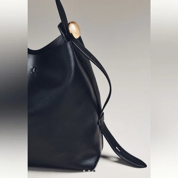 Anthropologie Slouchy Faux-Leather Tote NWOT Black Gold Knob - Picture 2 of 11